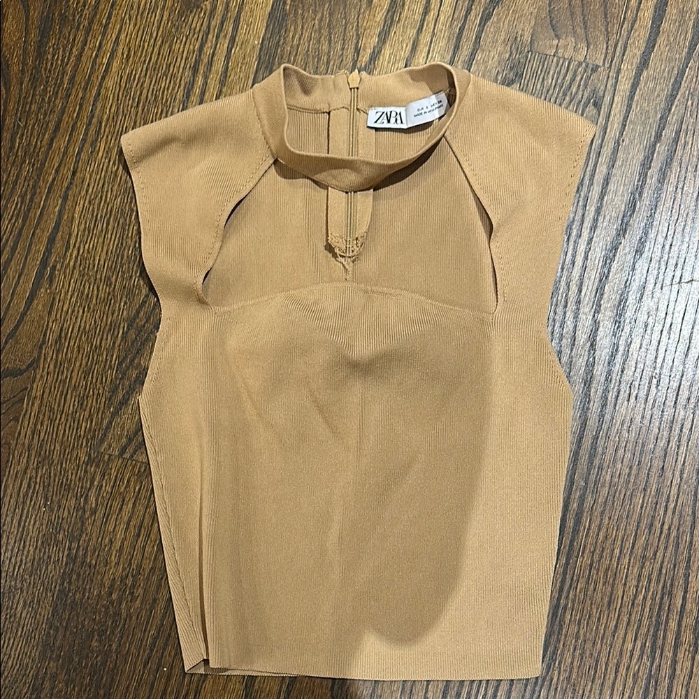Zara Tan Fitted Sleeveless Tank Top with Mandarin Collar